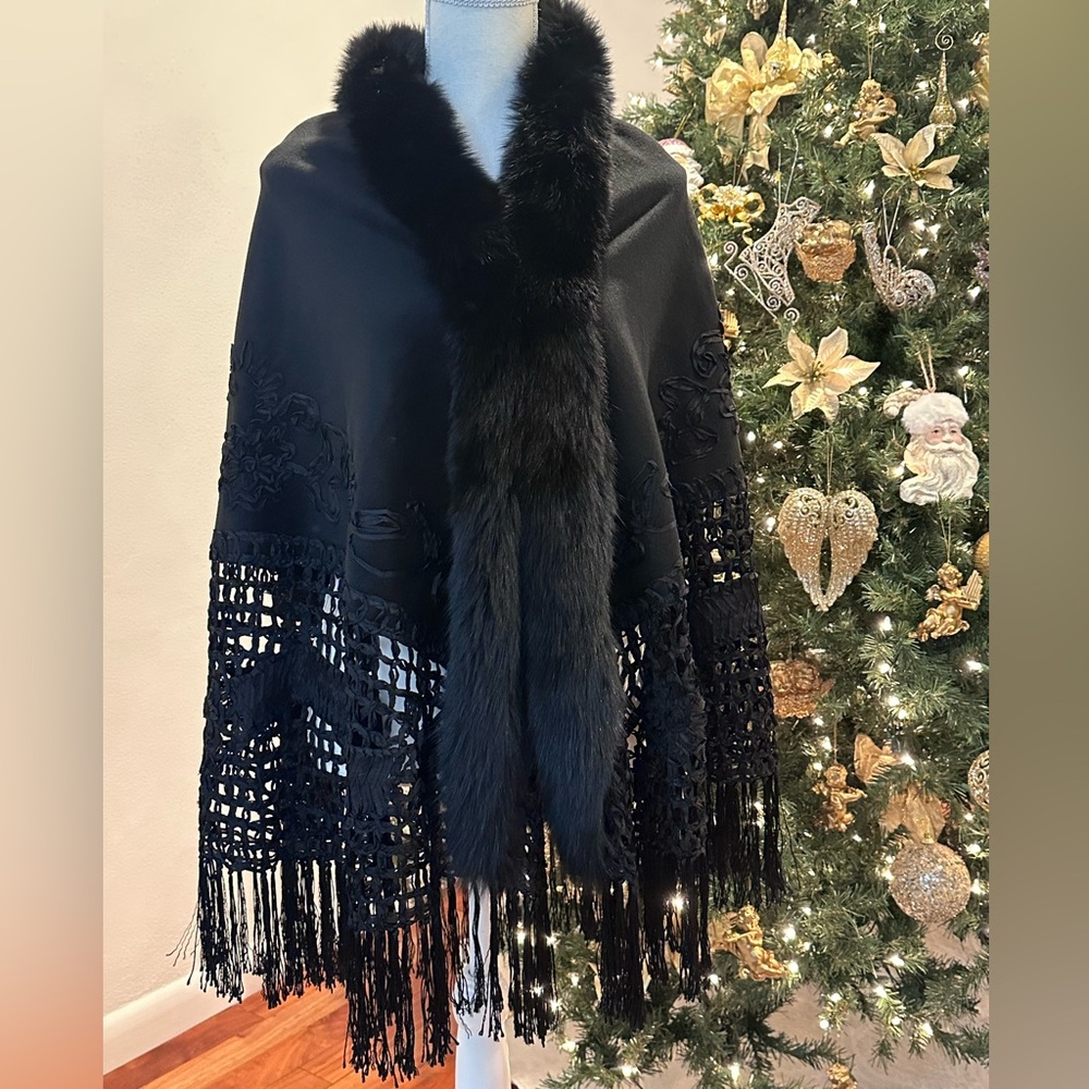 Evening Shawl 100% cashmere and silk with Fox fur trim and detailed embroidery.